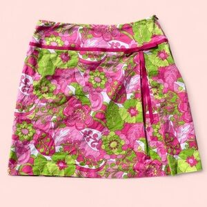 2000s Vibrant Floral Mini Skirt in Pink and Green w/ Bow